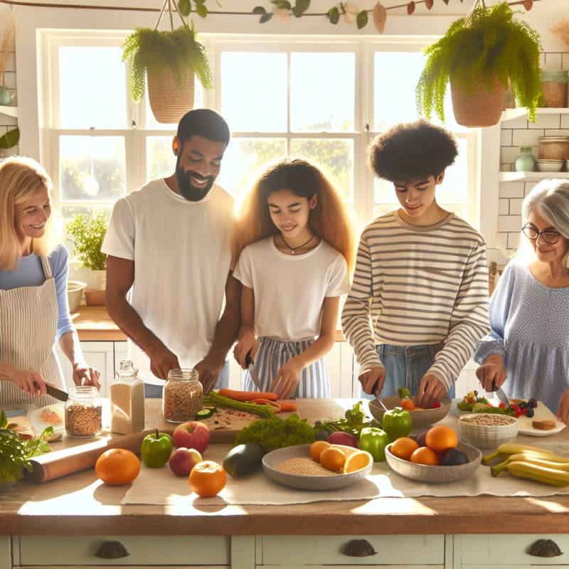 A bright and welcoming kitchen scene with diverse colorful fruits vegetables and whole grains displayed on a sunlit countertop smiling family preparing a plant-based meal together with clear allergy-safe food labels visible friendly atmosphere sense of health and well-being