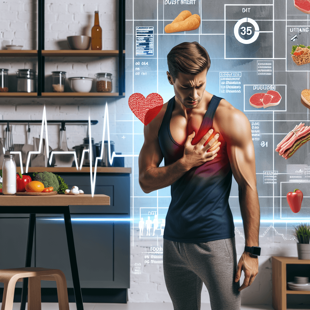 A fit 35-year-old clutching their chest in distress with diet foods and nutrition labels in the background, highlighting health risks.