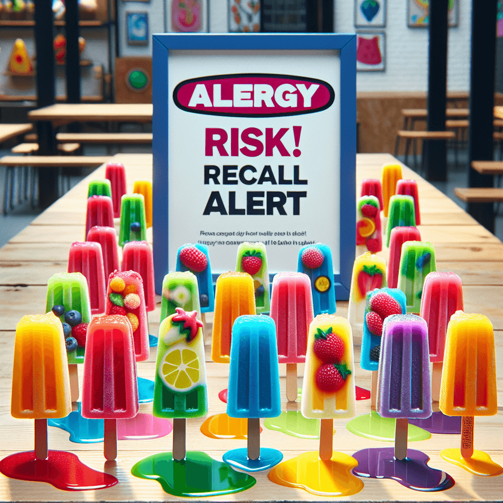 A display of colorful ice lollies melting on a table, with a warning sign overlay, highlighting allergy risk and recall alert.