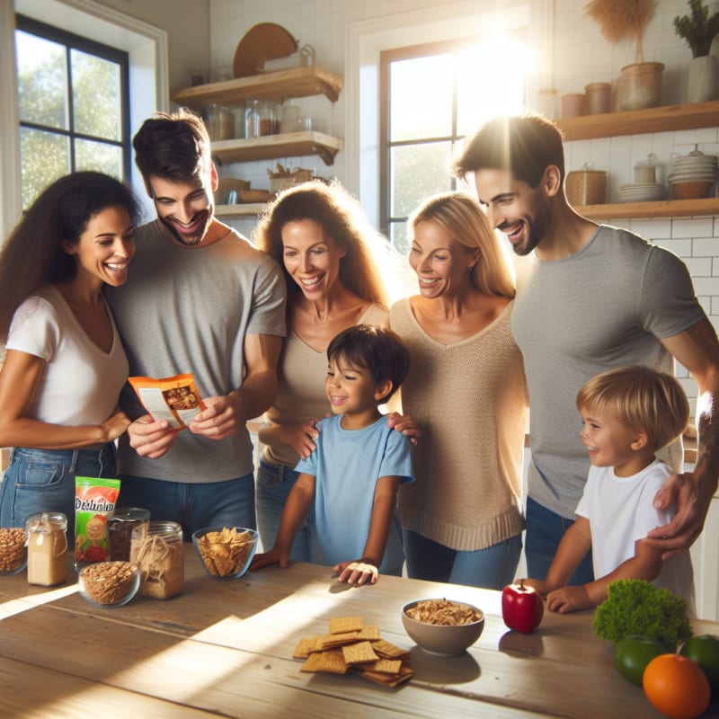 A bright kitchen scene with a cheerful diverse family reading a snack ingredients label together sunlight streaming in clean modern packaging healthy snacks visible on table everyone smiling and feeling safe
