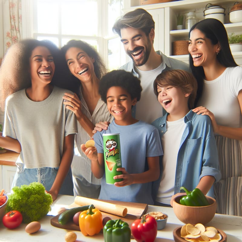 A bright hopeful kitchen scene with a smiling diverse family reading a colorful Pringles can label surrounded by fresh vegetables and allergy-safe snacks with soft natural sunlight and clean modern decor