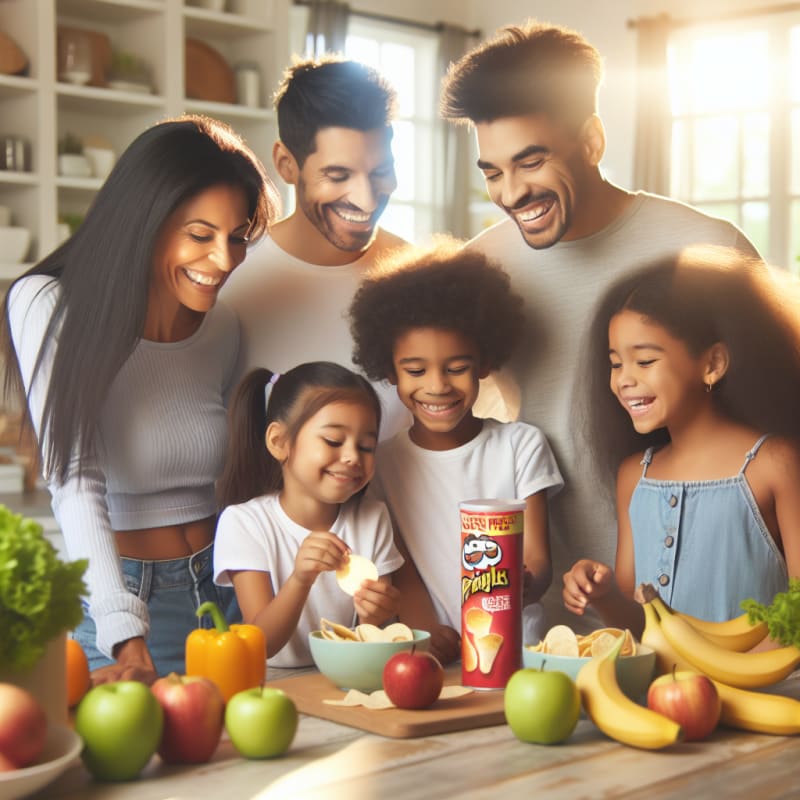 A cheerful family in a modern kitchen reading snack food labels together bright natural light soft pastel colors gluten free Pringles can on the table with fresh fruits and veggies positive atmosphere