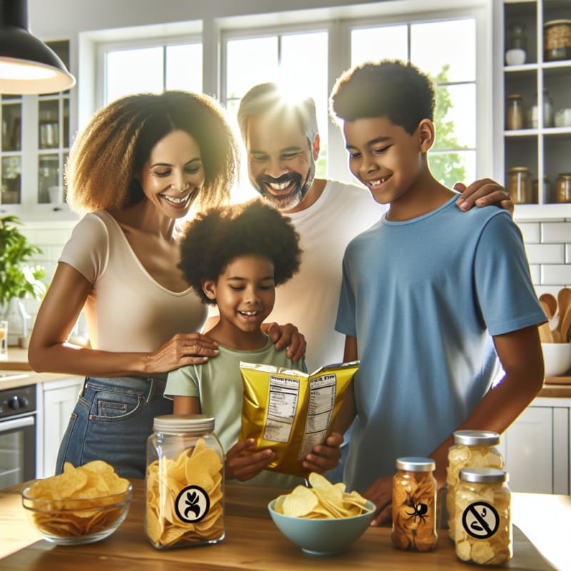 A cheerful family in a bright modern kitchen examining snack food labels together with a clear bag of Pringles on the table sunlight streaming in and allergy friendly symbols visible nearby