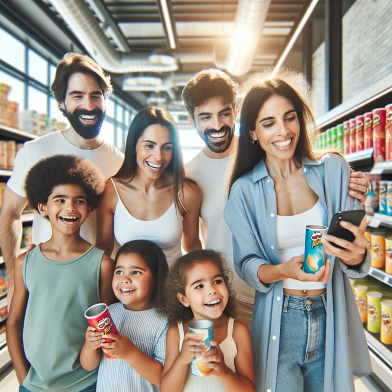 A cheerful family with children smiles while shopping for snacks in a bright modern grocery store sunlight streaming in as they use a smartphone app to scan Pringles for allergens and keto suitability soft pastel colors highlight a positive atmosphere everyone looks relaxed and empowered