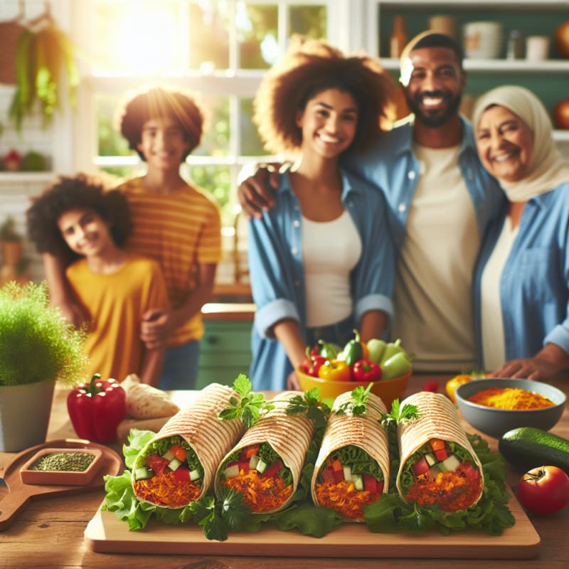 A vibrant sunny kitchen countertop with a colorful serving platter of plant-based spicy shawarma rolls fresh herbs and allergy-safe food labels visible happy family gathered around smiling natural daylight soft focus