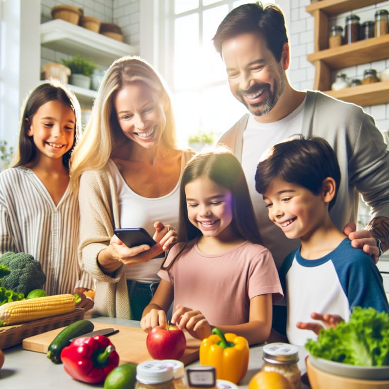 A cheerful family in a bright modern kitchen using a smartphone to scan food labels surrounded by fresh produce and allergy-safe products sunlit colors hopeful atmosphere