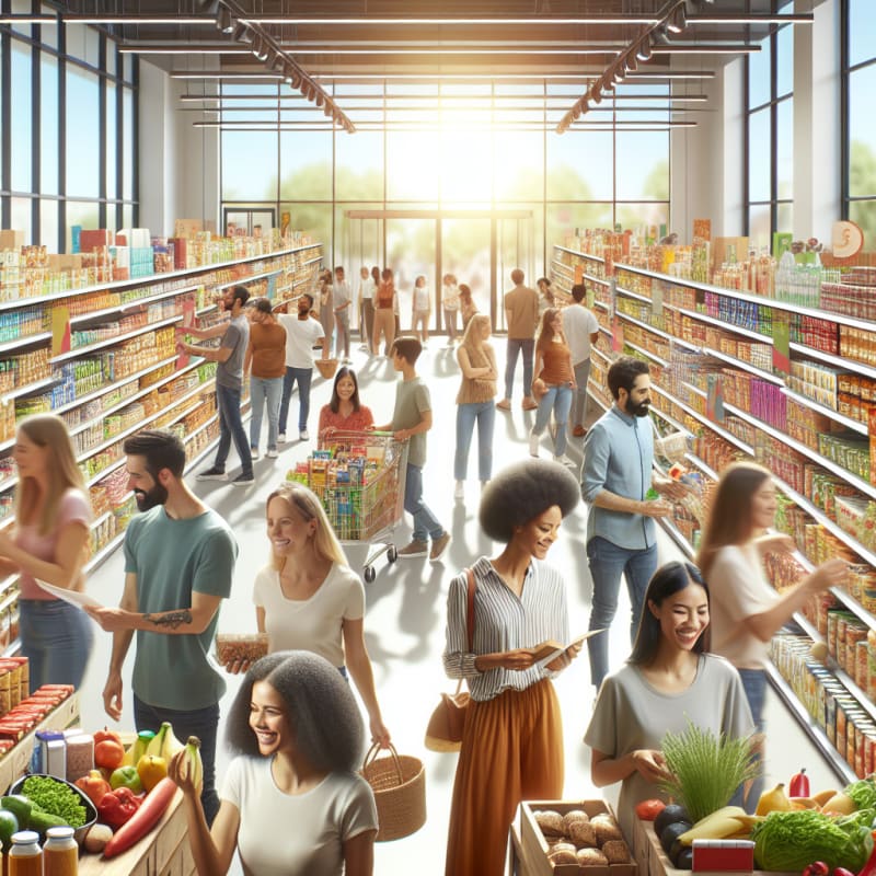 A bright supermarket scene with diverse shoppers smiling while checking colorful food labels on packaged groceries shelves filled with allergy friendly products sunlight streaming in
