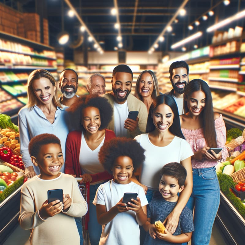 A bright modern grocery store scene with diverse happy families and children smiling as they scan snack labels using a smartphone food safety app like Food Scan Genius natural light warm colors hopeful atmosphere groceries neatly arranged positive energy
