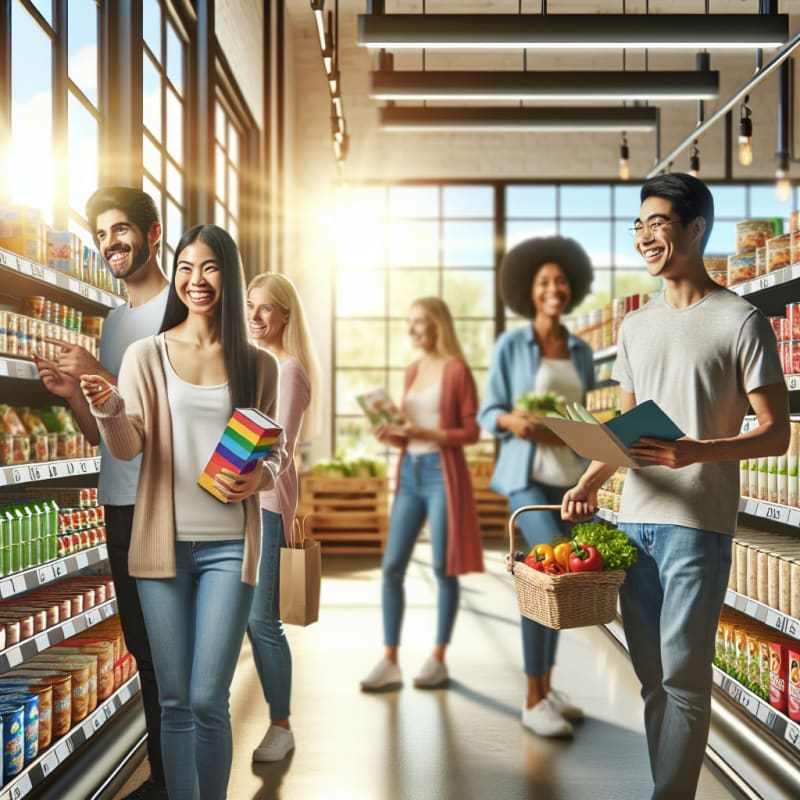 Bright grocery store aisle with diverse smiling shoppers holding food packages one person pointing to a colorful food label sunlight streaming in clean organized shelves allergy safe icons visible modern feel