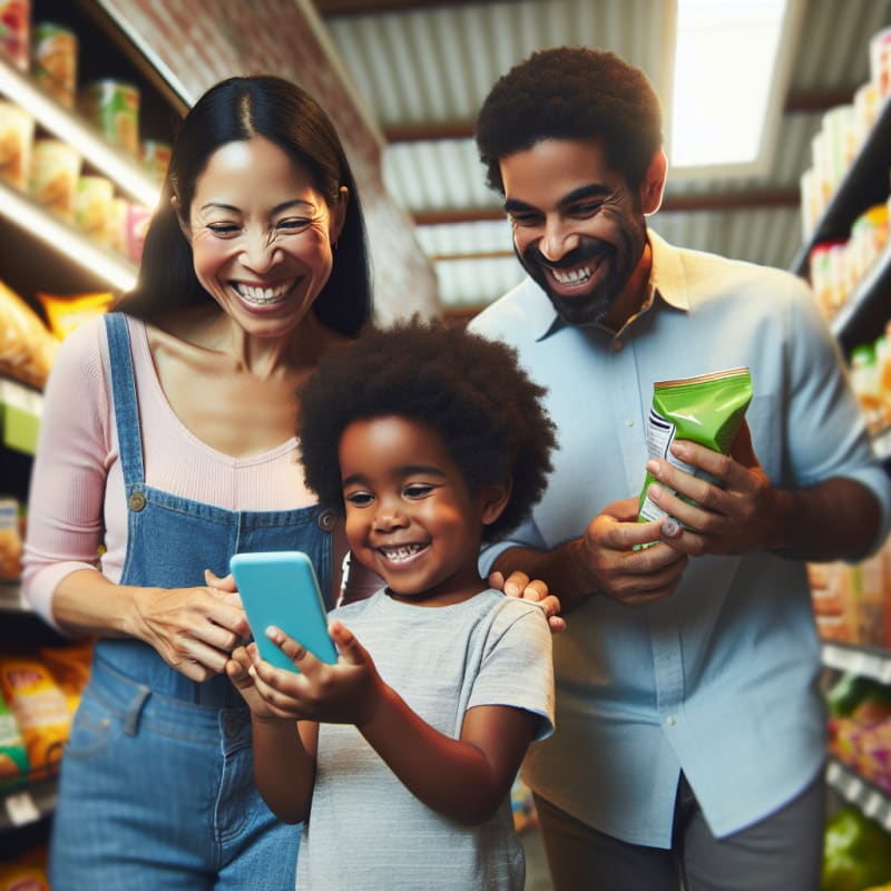 A bright inviting grocery store scene with a smiling family checking snack labels together a child uses a smartphone with a food safety app like Food Scan Genius soft natural lighting highlights fresh organized shelves the atmosphere is positive and warm with gentle pastel colors evoking empowerment and trust