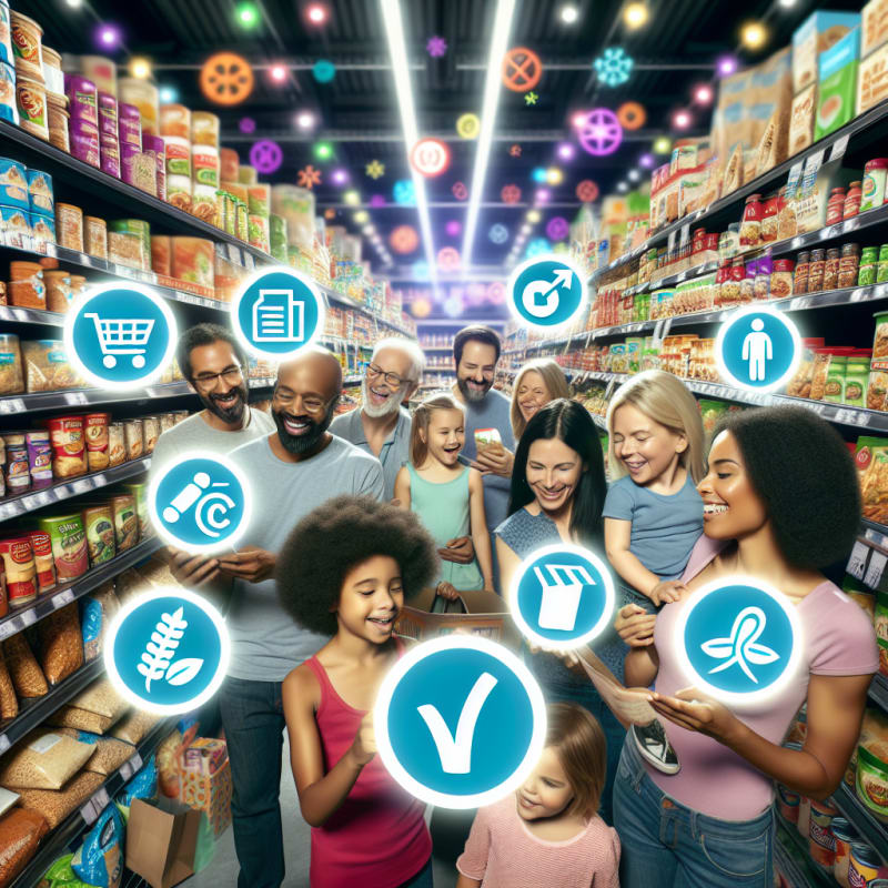 A bright grocery store aisle with diverse people holding food products smiling while reading clear food labels vibrant lighting allergy icons like peanuts and gluten friendly family atmosphere