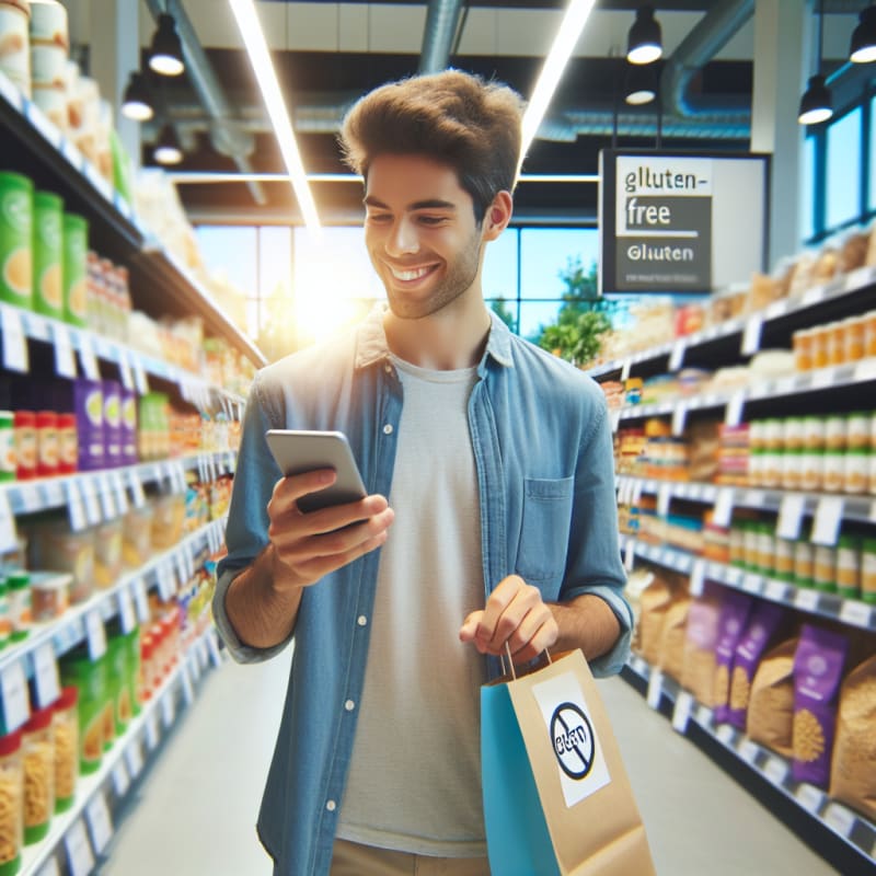 A cheerful young adult shopping in a bright grocery store aisle holding a food package and scanning the label with a smartphone surrounded by colorful allergen-free products with clear gluten-free icons and gentle sunlight streaming in for a hopeful modern feel