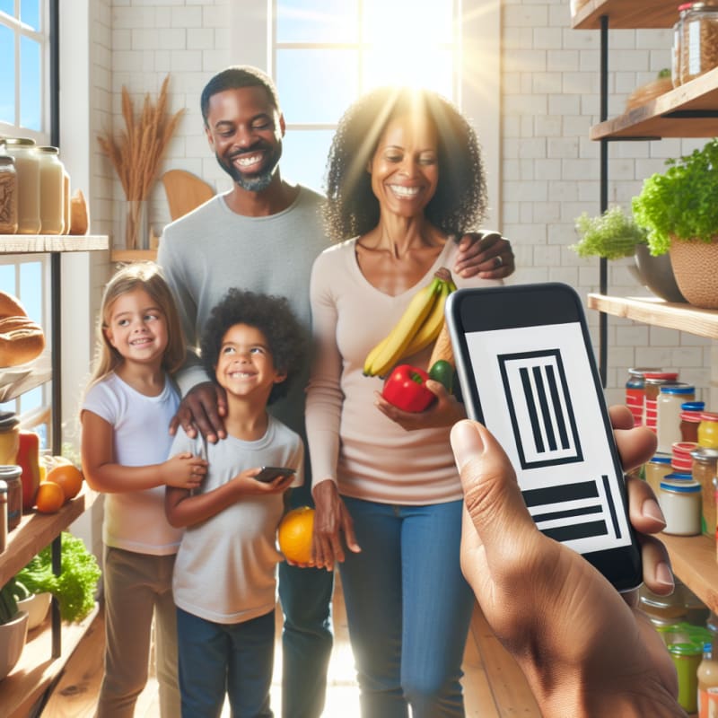 A bright modern kitchen scene showing diverse hands using a smartphone to scan food packaging smiling family members nearby shelves filled with allergy-friendly foods sunlight streaming in