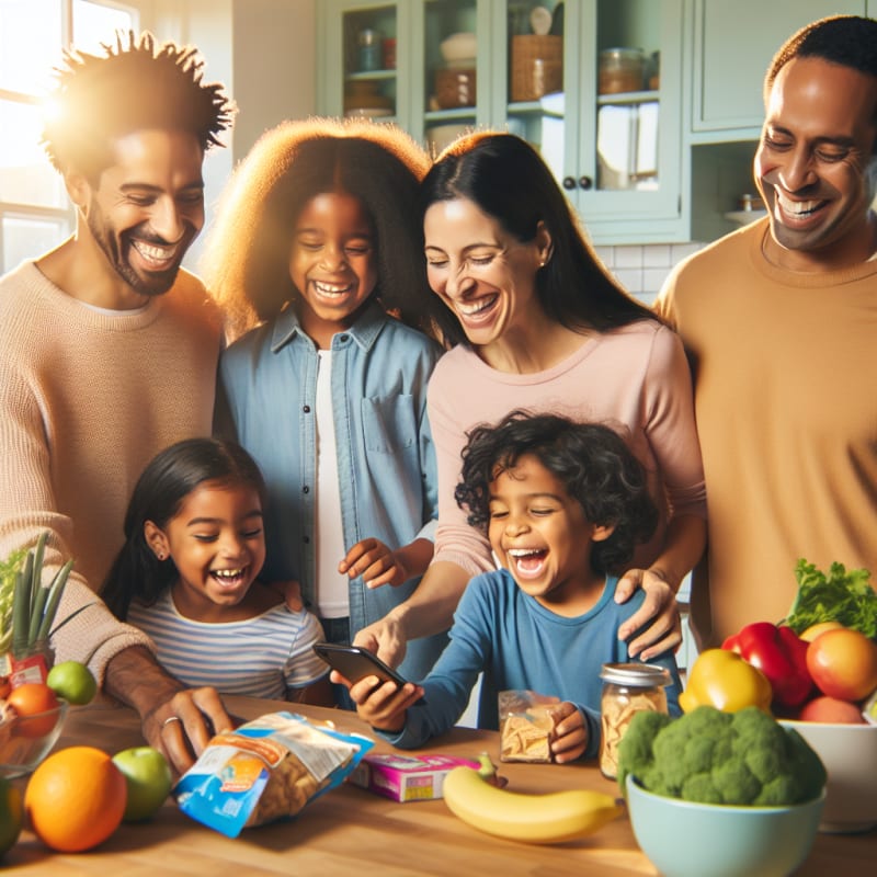 A cheerful family in a bright sunlit kitchen smiling while using a smartphone app to scan snack labels children laughing and reaching for safe treats colorful fresh groceries on the counter warm natural lighting soft pastel colors positive energy and a sense of empowerment