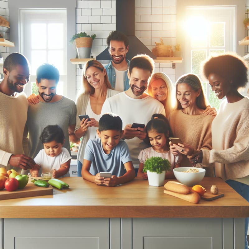 A bright kitchen scene with a diverse family smiling while checking food labels on their smartphones natural sunlight streams in soft pastel colors promoting safety and confidence modern groceries and allergy-friendly snacks visible on the counter