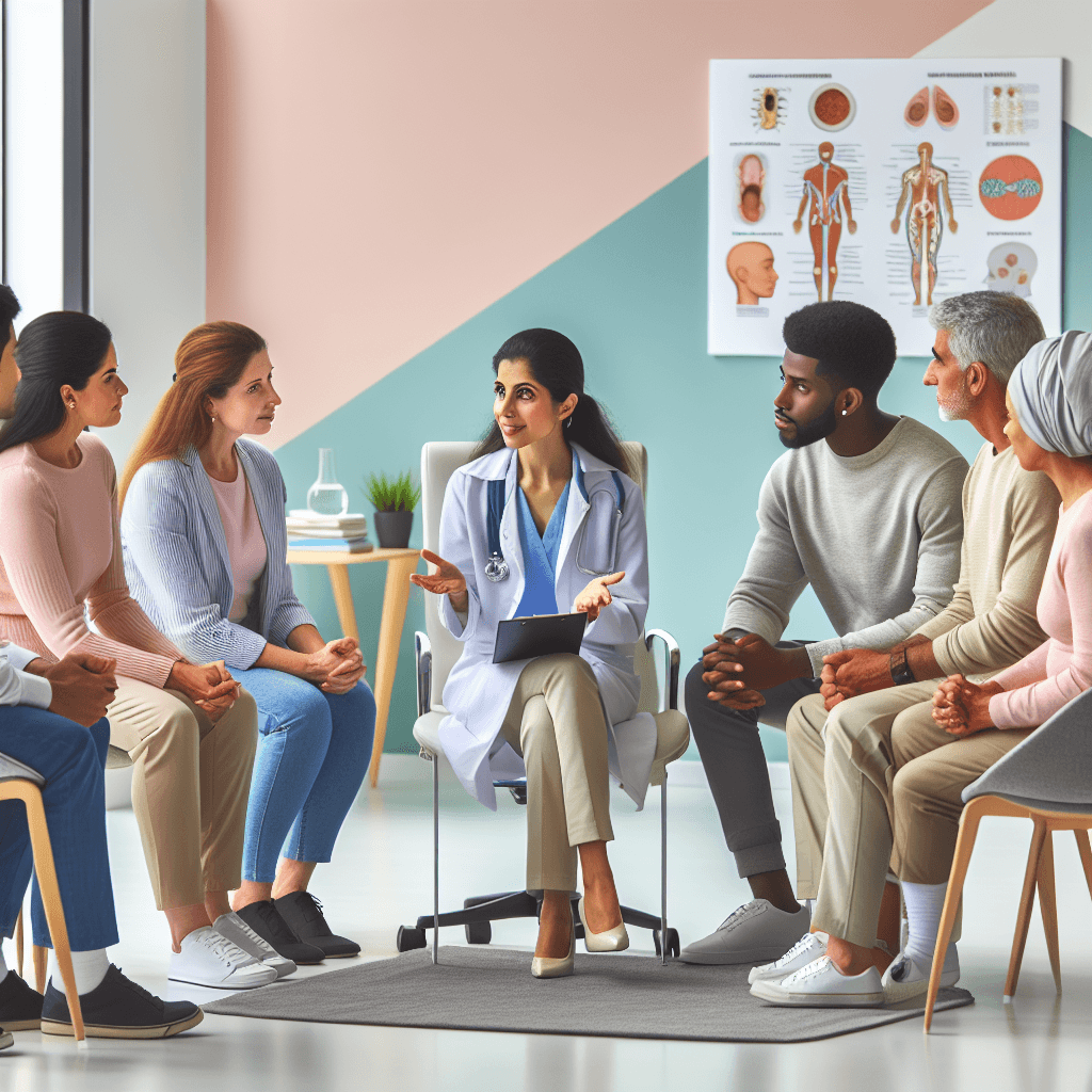 A diverse group of adults in a medical consultation discussing allergic reactions, with a doctor explaining symptoms and treatments in a bright, modern clinic.