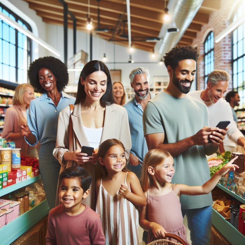 A cheerful young family in a bright modern grocery store smiling while using a mobile app to scan snack labels for food safety and allergy alerts soft natural lighting pastel colors a child holds a healthy snack with confidence vibrant fruits and colorful packaging in the background