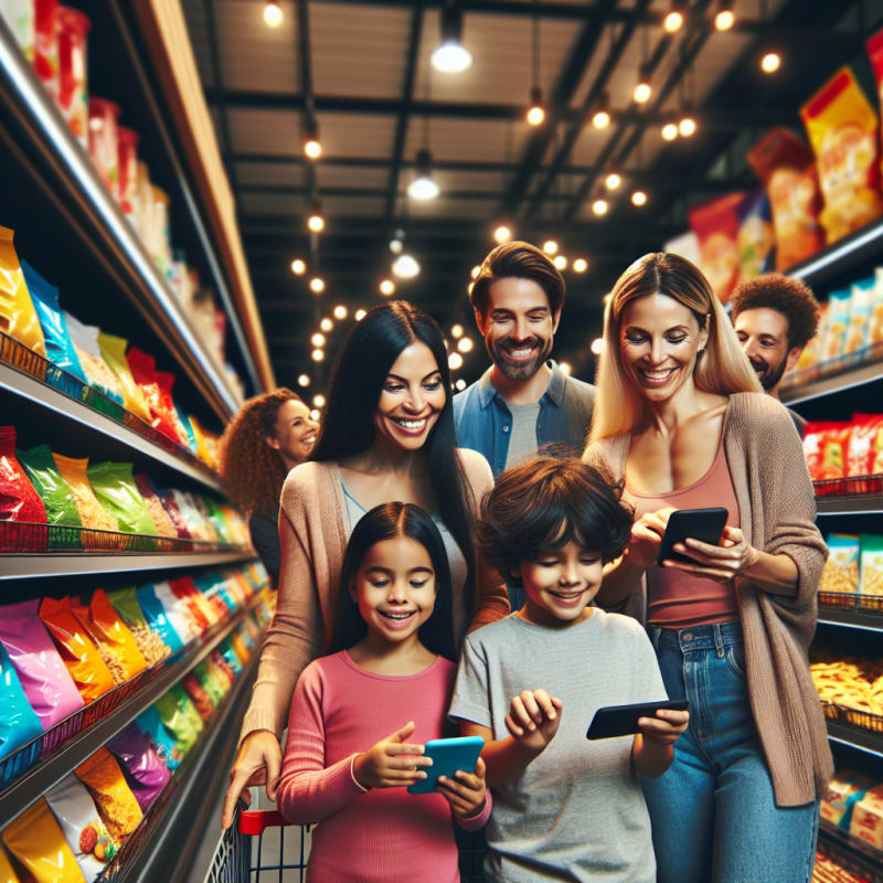 A cheerful modern supermarket aisle with diverse parents and children smiling while selecting colorful healthy snack options and scanning product labels with their smartphones in soft natural lighting warm tones and a positive atmosphere highlighting empowerment and safe food choices