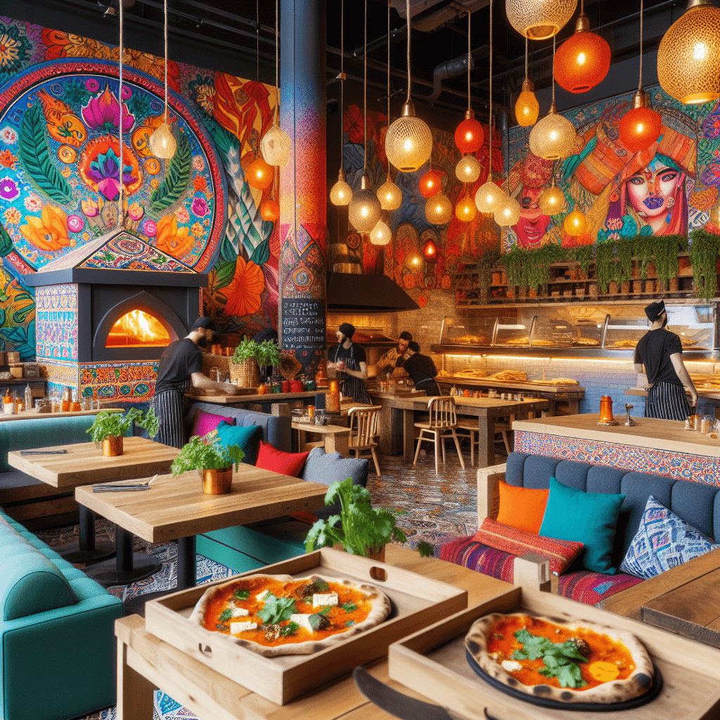 A vibrant, cozy pizzeria in Indianapolis with colorful decor, serving unique Indian-inspired pizzas topped with fresh herbs and spices.
