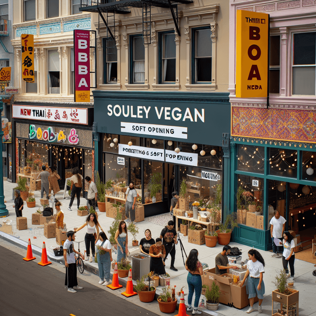 A vibrant Oakland street scene with Souley Vegan's storefront preparing for a soft opening, surrounded by new Thai, boba, and noodle restaurants, bustling with excited food lovers.