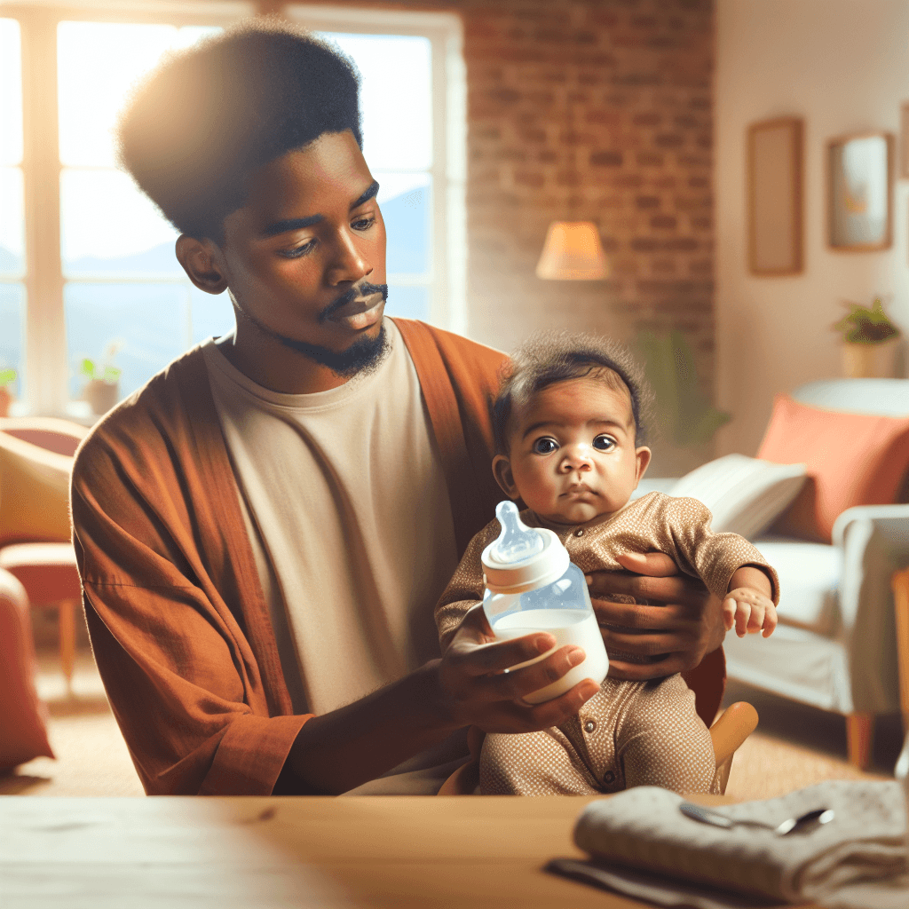 A concerned parent holding a baby with visible skin rash, next to a formula bottle, in a bright, comforting home environment.