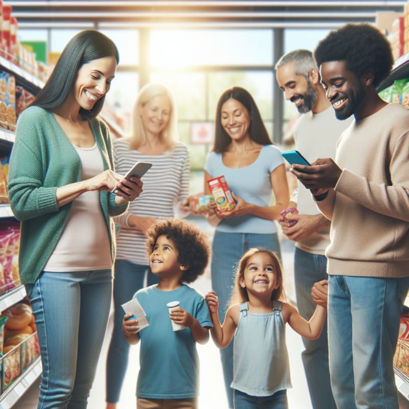 A bright cheerful grocery store aisle with diverse families and kids happily choosing snacks A parent scans a snack label with a modern mobile app Sunlit scene with soft pastel colors Empowering vibe highlighting safe food choices and allergy awareness