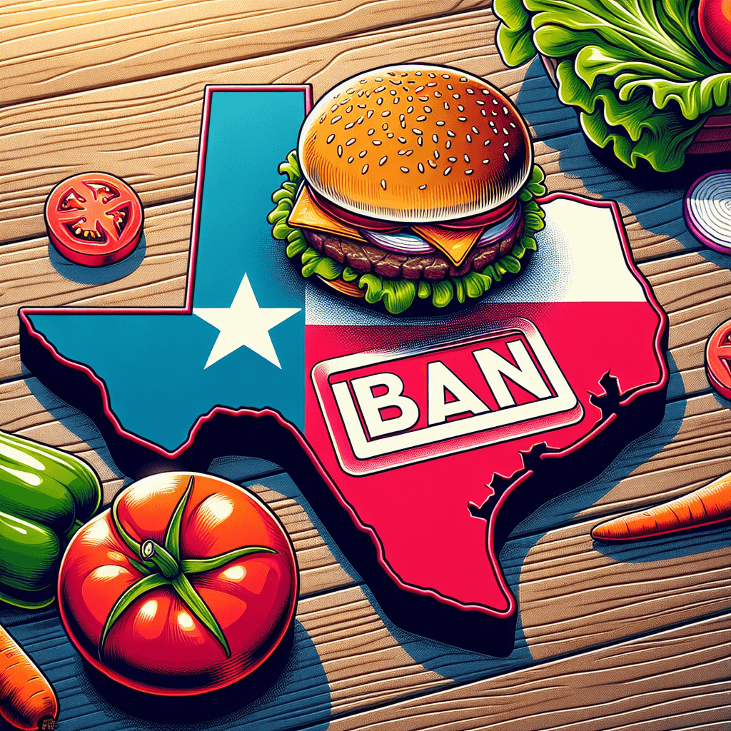 A map of the United States highlighting Texas, with a red ban symbol over a lab-grown meat burger on a wooden table, and fresh vegetables nearby.