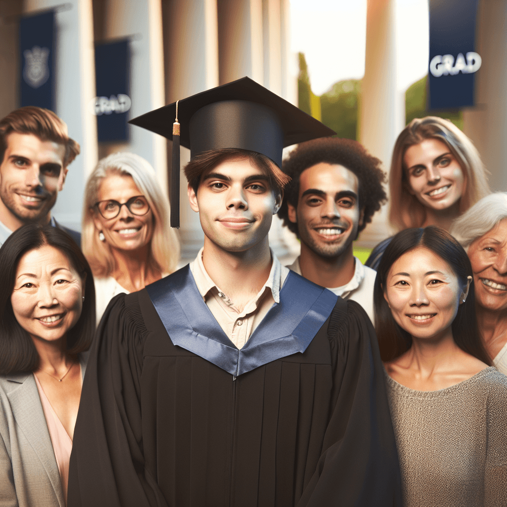 A solemn university graduation photo with a young man in cap and gown, surrounded by friends and family, with a soft, respectful background.