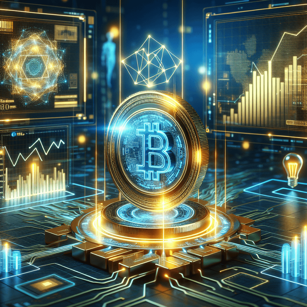A futuristic digital coin glowing amidst interconnected blockchain nodes, with AI data streams and upward-trending graphs in a modern tech setting.