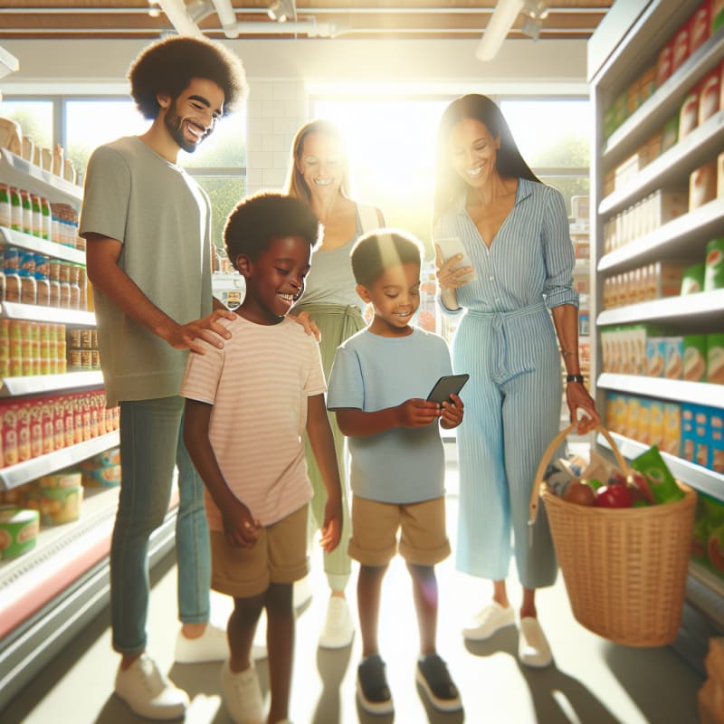 A bright modern UK grocery store scene with a diverse happy family and children smiling as they select glutenfree snacks One parent scans a snack label with a sleek food safety app on their phone Sunlight softly fills the store shelves are inviting Color palette is gentle and warm conveying hope and confidence