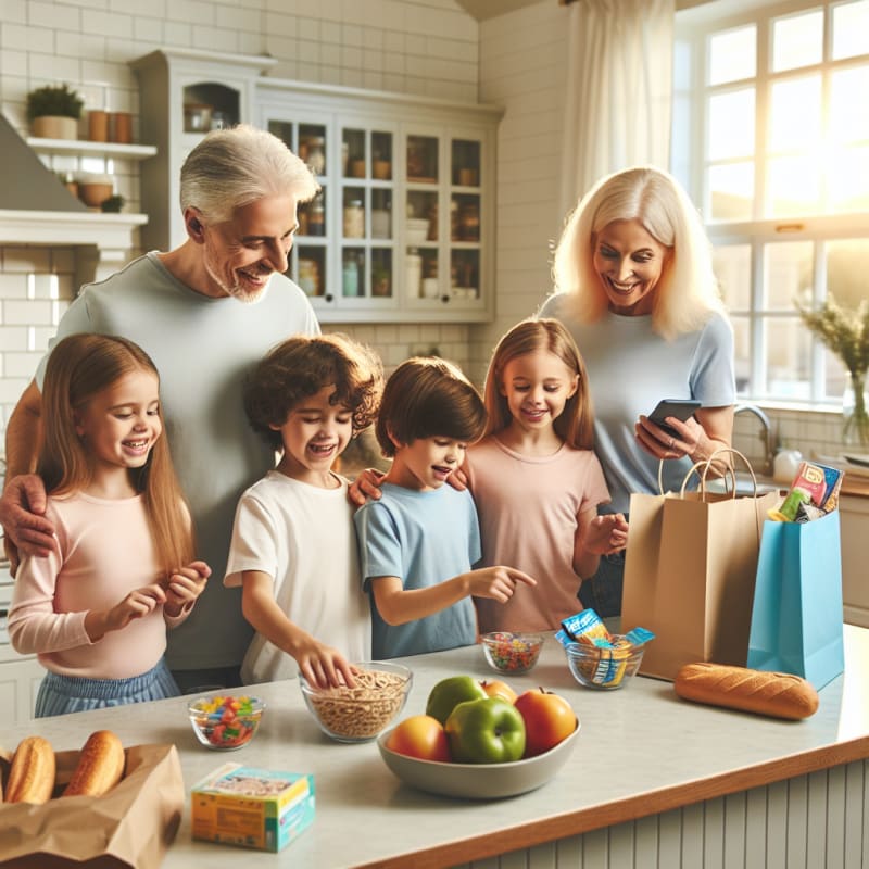A bright sunny kitchen scene with a multigenerational family smiling as they select gluten free snacks together children happily enjoying colorful allergy safe treats parents using a smartphone app to scan product labels modern grocery bags on the counter gentle natural light and soft pastel colors create a warm hopeful empowering atmosphere