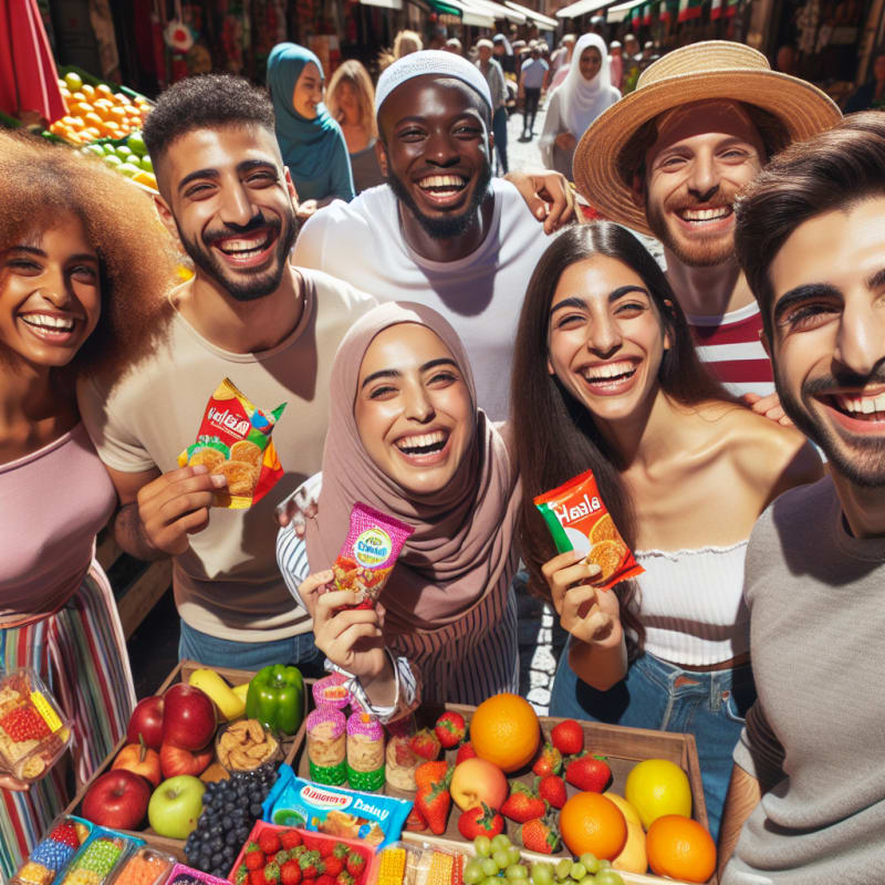 A cheerful group of diverse friends sharing colorful halal snacks at an outdoor Italian market bright sunlight vibrant fresh fruits and packaged treats visible smiling faces allergy-friendly packaging in focus joyful and safe atmosphere