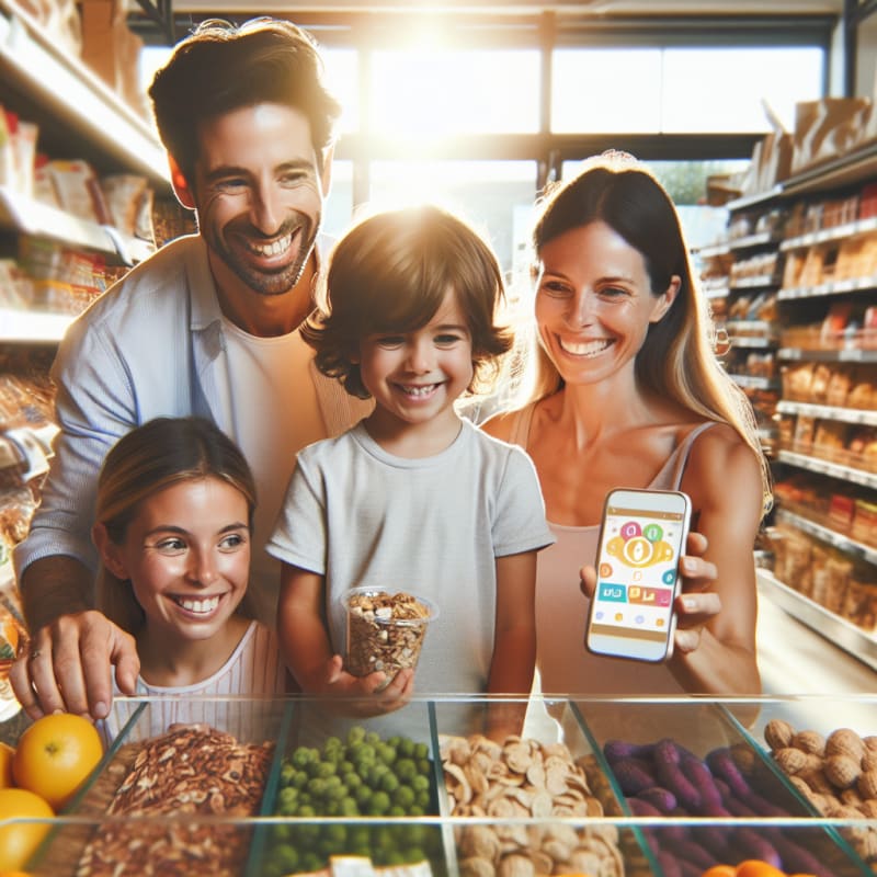 A bright friendly Italian family stands in a modern grocery store smiling as their child scans a snack label with a cheerful food safety app on a smartphone soft sunlight streams in highlighting colorful fresh keto snacks on shelves everyone looks confident and happy natural tones create a safe and inviting atmosphere
