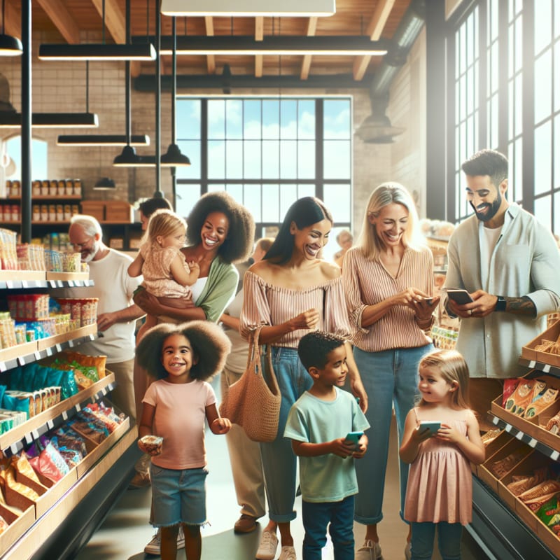 A bright modern grocery store with diverse parents and children happily choosing colorful vegan snacks from well-stocked shelves natural sunlight streams in smiling kids scan product labels with a smartphone app conveying confidence and safety warm tones and a soft inviting palette