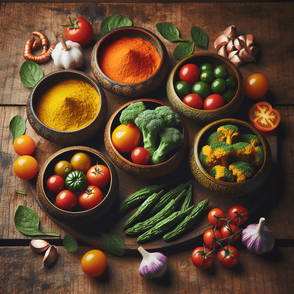 A vibrant flat lay of five colorful Indian superfoods, such as turmeric, amla, garlic, tomatoes, and broccoli, displayed in traditional bowls on a rustic wooden table.
