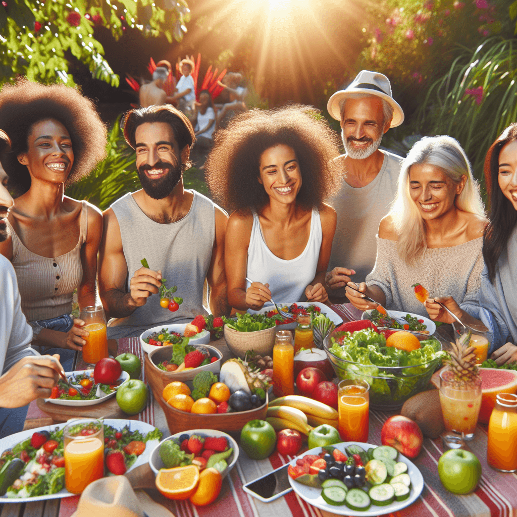 A diverse group of adults enjoying a colorful meal rich in fruits and vegetables outdoors on a sunny day, highlighting skin health and wellness.