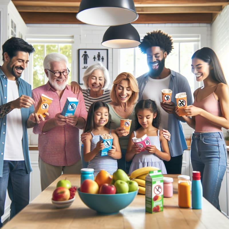 Bright kitchen scene with diverse family happily reading food labels together near colorful ice cream cartons clear allergy symbols visible natural sunlight hope and warmth