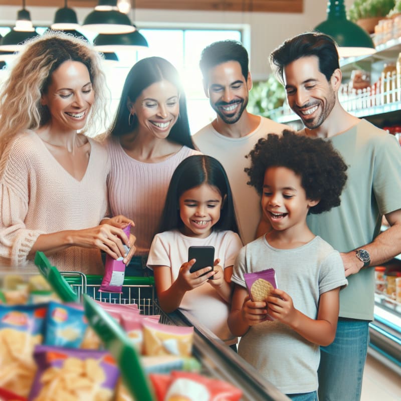 A bright modern grocery store scene with a diverse family smiling while checking snack labels using a smartphone app soft pastel colors natural lighting friendly atmosphere shelves stocked with allergy safe and popular trending food products children laughing parents feeling confident and empowered