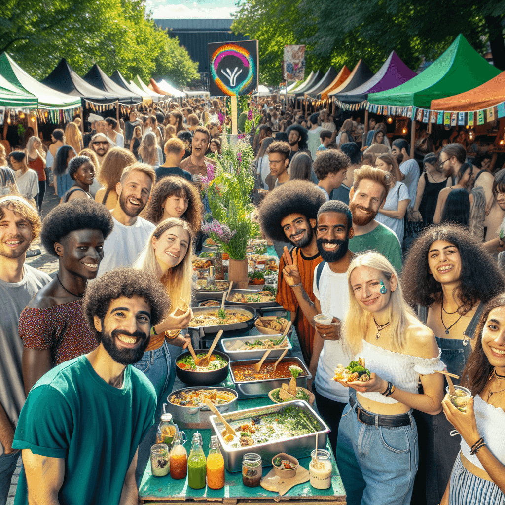 A vibrant outdoor food festival with diverse vegan and vegetarian dishes, happy attendees, and colorful banners promoting plant-based eating.