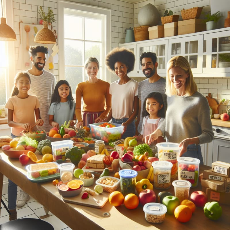 A bright sunlit kitchen table with diverse allergy-friendly foods fresh fruits vegetables glutenfree breads smiling family preparing a colorful meal together warm inviting atmosphere with visible food labels and cheerful kitchen decor