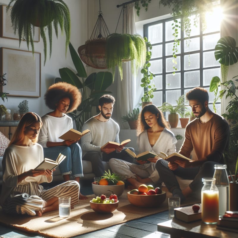 A bright sunlit cozy living room with diverse people reading inspiring wellness books surrounded by leafy plants fresh fruit a glass of water and a calming atmosphere