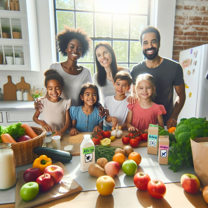 Bright kitchen countertop filled with colorful fresh ingredients food packaging with clear allergy labels friendly family preparing allergy safe meal sunlight streaming in hopeful atmosphere