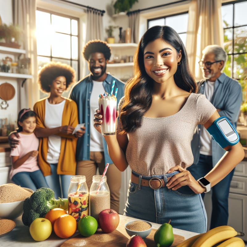 Bright cheerful kitchen scene showing a confident woman with a glucose monitor reading food labels on a vibrant milkshake surrounded by allergy safe ingredients and positive family members sharing smiles and a sense of safety
