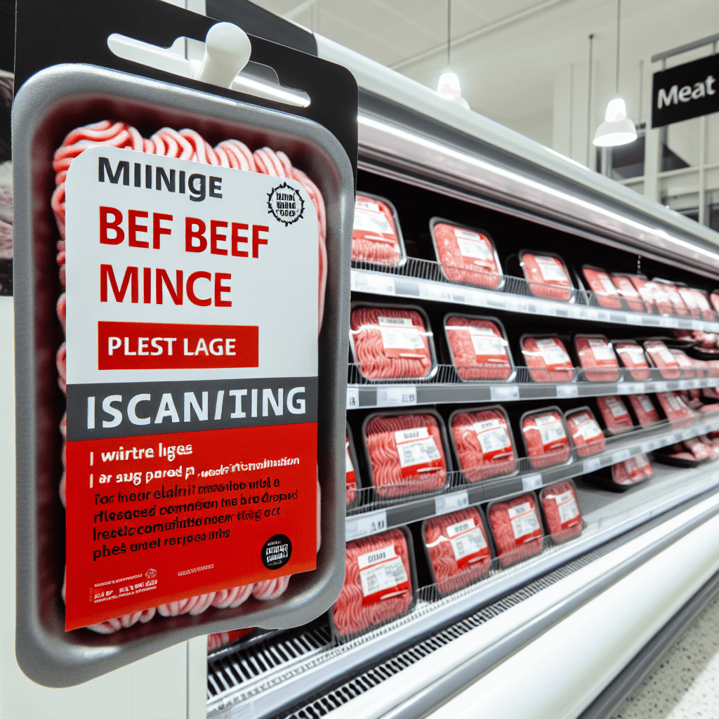 A supermarket meat section with beef mince packages, one highlighted with a red recall warning sign, and alert text about plastic contamination risk.