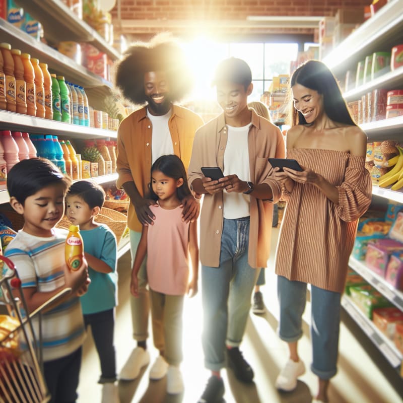 A bright grocery store aisle with a diverse group of happy families shopping together a parent scans a Yakult bottle with a mobile app while smiling kids select snacks nearby warm natural sunlight streams in soft pastel colors friendly atmosphere empowering and positive mood