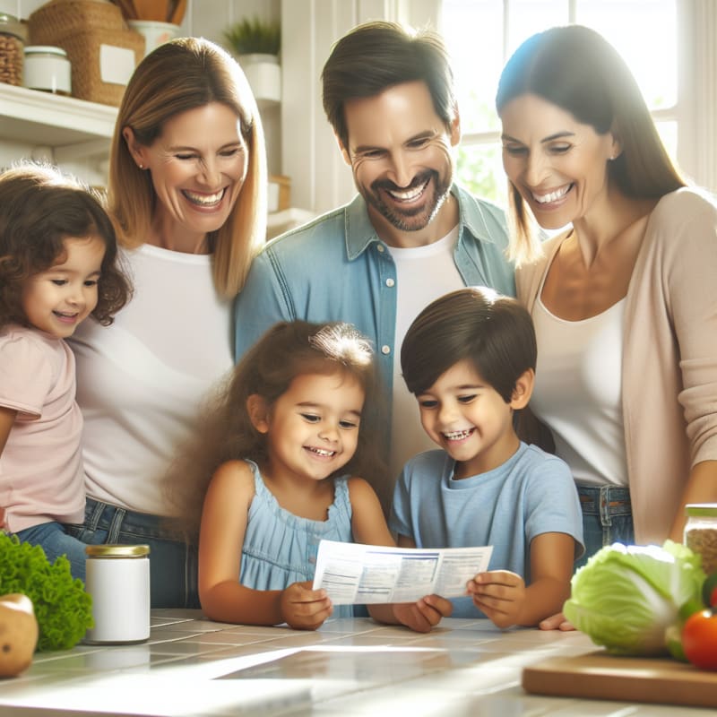 A cheerful family in a bright kitchen reading a food label together with a focus on safety and happiness soft morning light pastel colors smiling faces healthy groceries visible empowering mood
