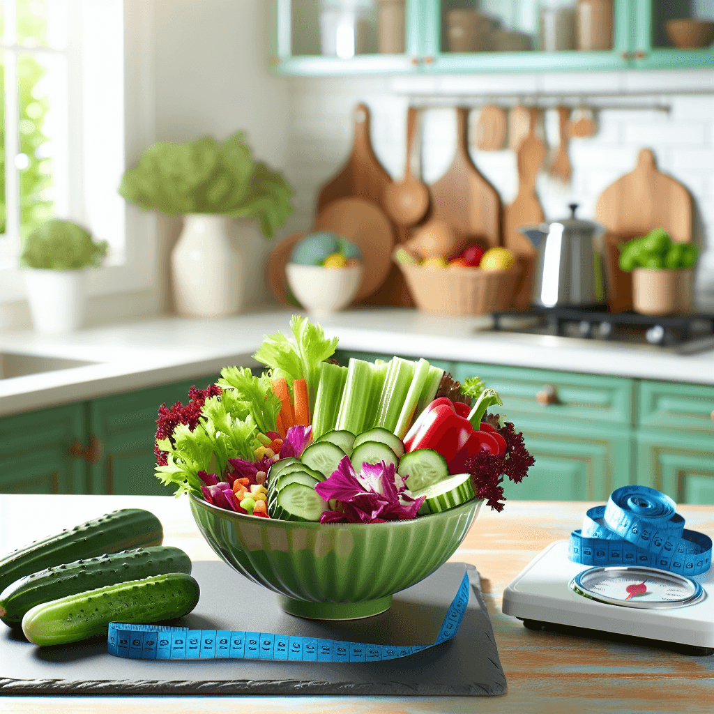 A colorful plate of common zero-calorie foods like celery, cucumber, and leafy greens, with a scale and tape measure in the background, in a bright kitchen setting.