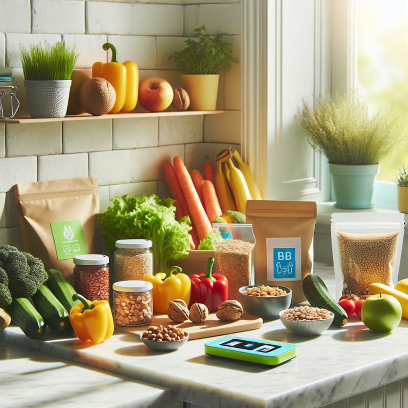 Bright kitchen countertop with fresh vegetables nuts whole grains and legumes arranged alongside a colorful food label scanner and allergy-safe packaging in soft morning light