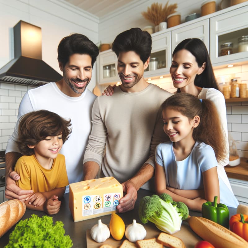 A cheerful family in a bright modern kitchen reading a cheese package label together with allergy icons visible friendly soft lighting healthy fresh food on the counter