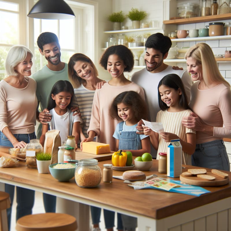 A bright clean kitchen with smiling diverse family reading food labels together a block of cheese on the counter allergy safe symbols visible on packaging soft daylight